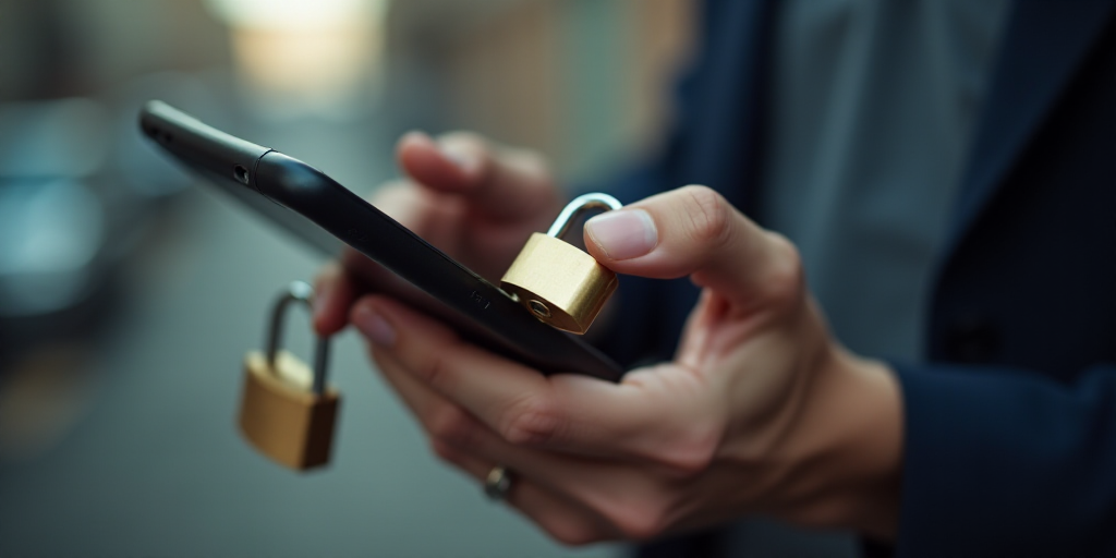 a person holding a cell phone with a padlock attached to it and a padlock attached to a padlock, And