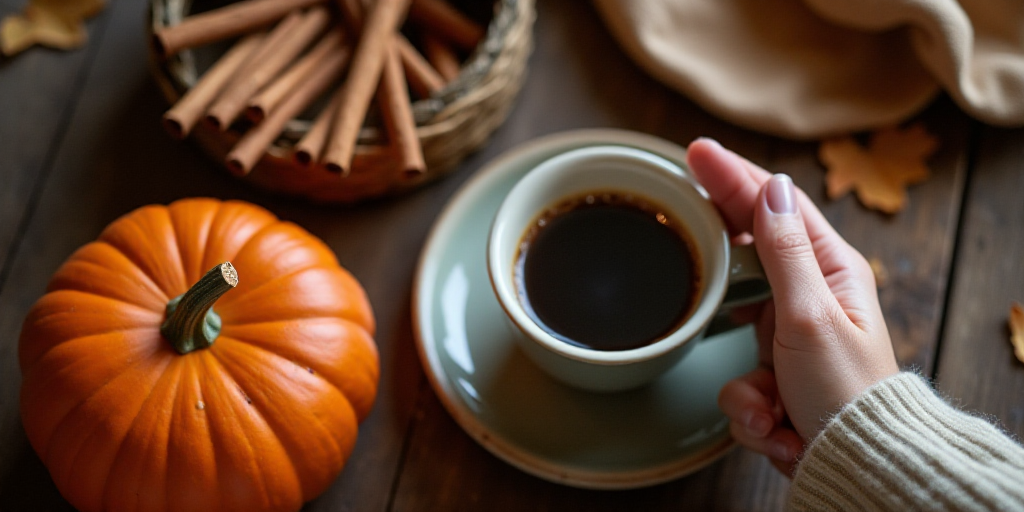 a person holding a cup of coffee next to a pumpkin and cinnamon sticks on a table with a basket of c