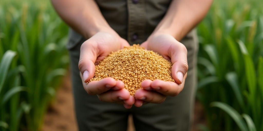 a person holding a handful of grain in their hands in a field of green plants with a dirt path, Dahl