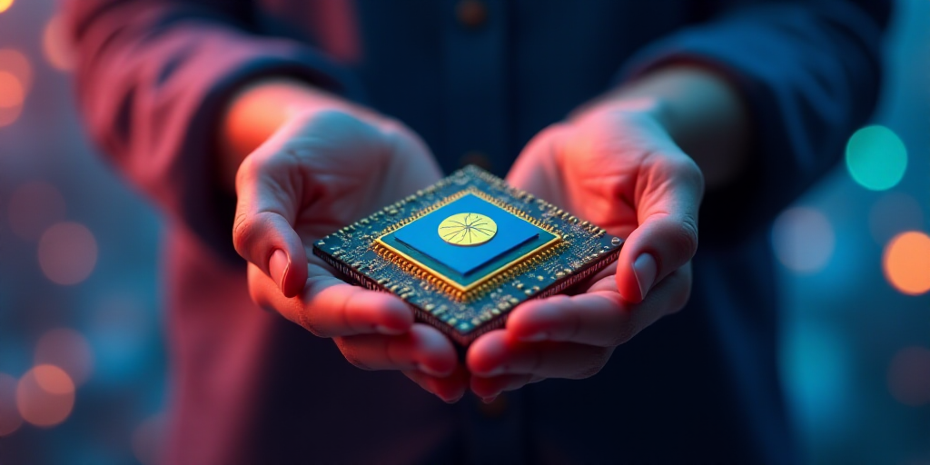 a person holding a micro processor in their hands with a colorful background behind them and a yello