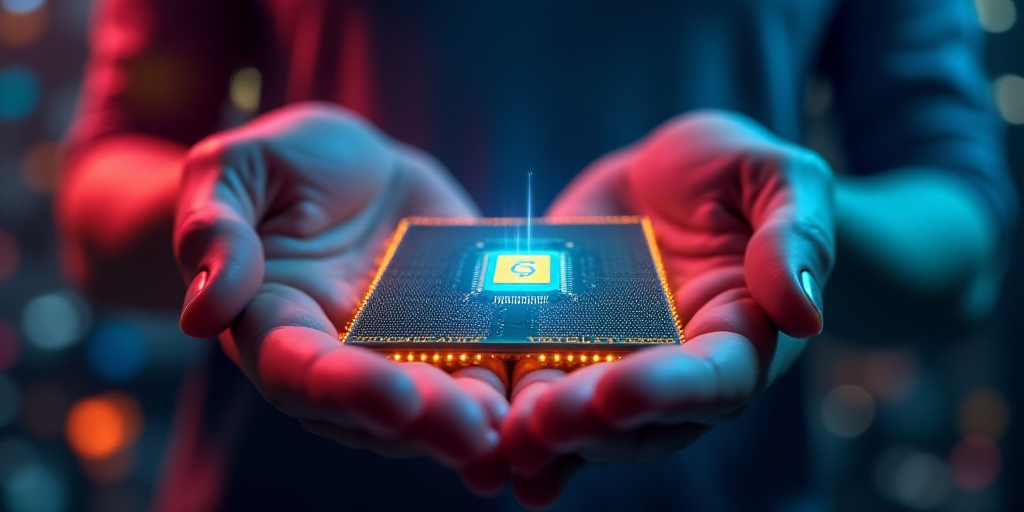 a person holding a micro processor in their hands with a colorful background behind them and a yello