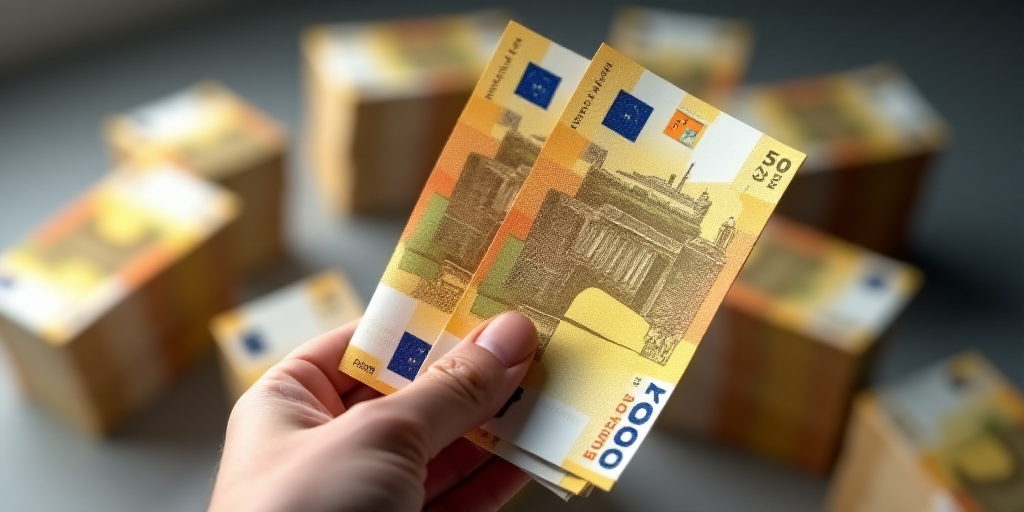 a person holding a stack of 50 euros bills in their hand, with stacks of 50 euros in the background,
