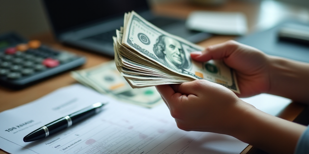 a person holding a stack of money in front of a calculator and keyboard on a desk with a calculator
