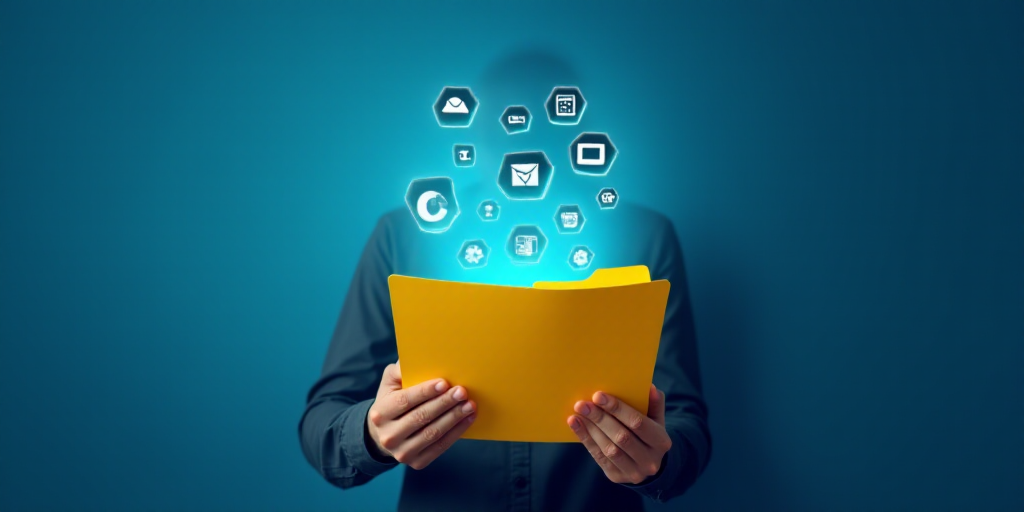 a person holding a yellow folder in their hands with icons coming out of it and a blue background wi