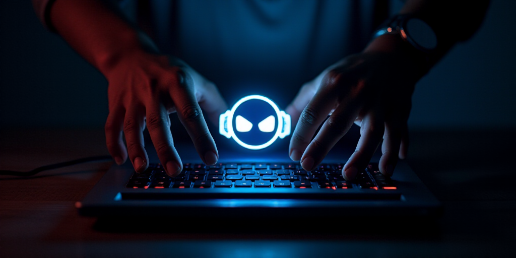 a person holding their hands over a laptop with a chagt logo on it and a glowing light above the key