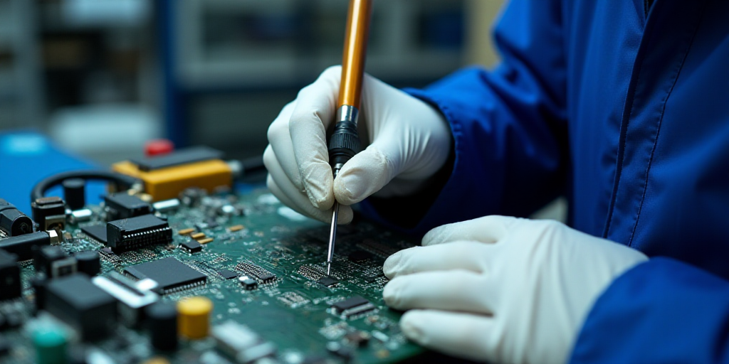 a person in a blue jacket and white gloves working on a device with a soldering tool on it, Dahlov I
