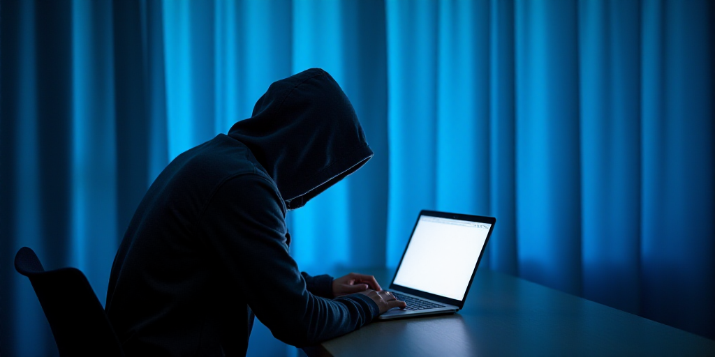 a person in a hooded jacket is using a laptop computer on a desk with a blue curtain behind them, An