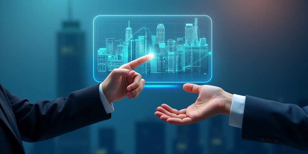 a person in a suit is touching a computer screen with a cityscape in the background and a person in