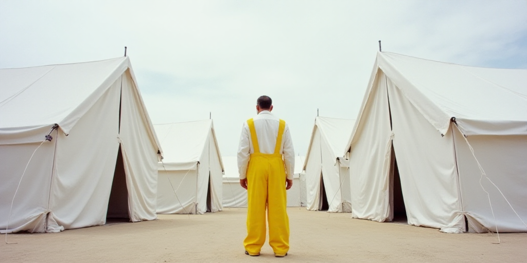 a person in a white and yellow outfit standing in front of a group of tents with white walls and doo