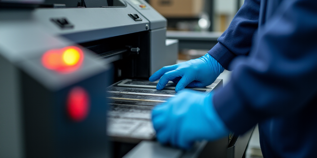 a person in blue gloves is operating a machine with a red light on it's side and a blue glove on his