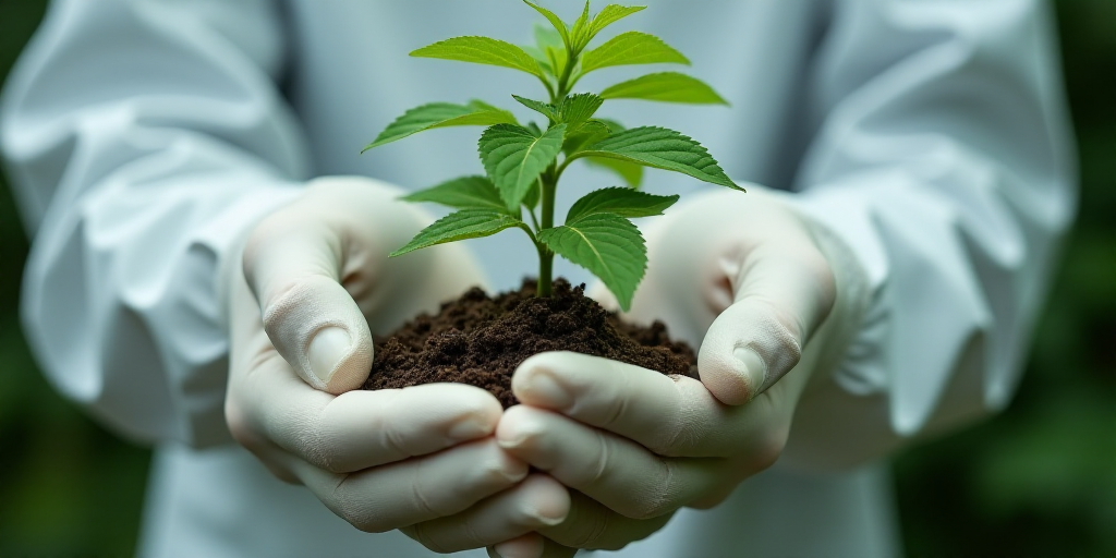 a person in white gloves holding a plant with green leaves on it's stems and hands in white gloves,