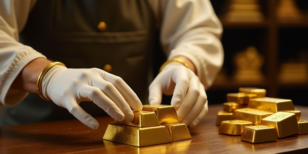 a person in white gloves is placing gold bars on a table with a white glove on it and a stack of gol