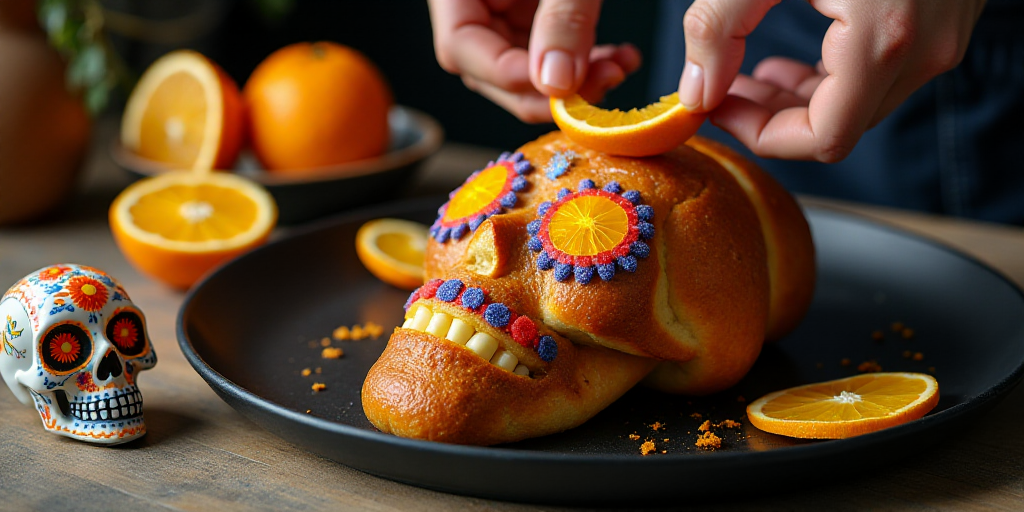 a person is decorating a skull shaped bread with orange slices and sugar skulls on a table with a sk