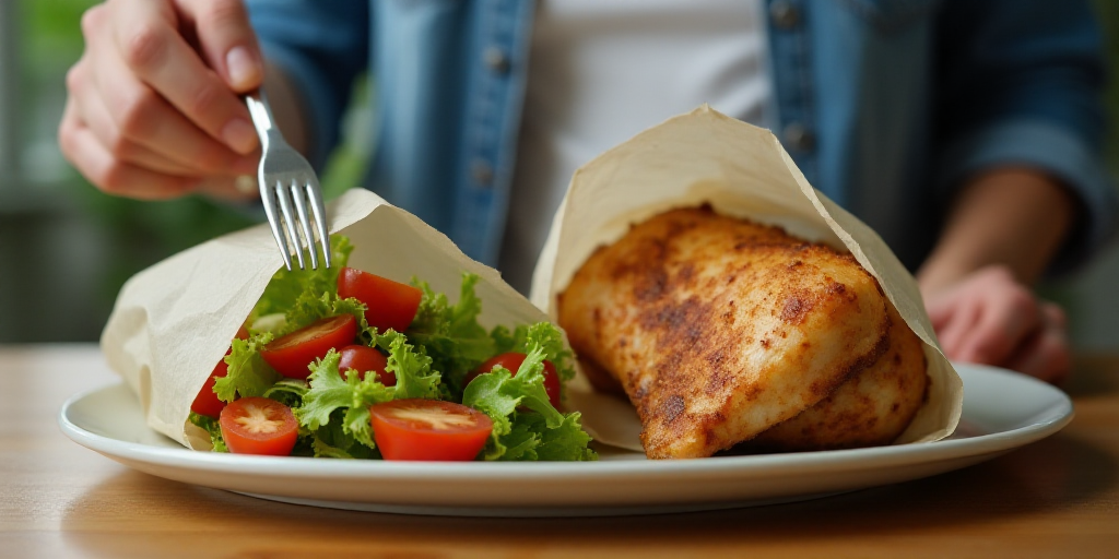 a person is holding a fork and a bag of food with a salad in it and a bag of chicken, Eden Box, food