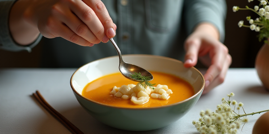 a person is holding a spoon in a bowl of soup on a table with flowers in the background and a vase o