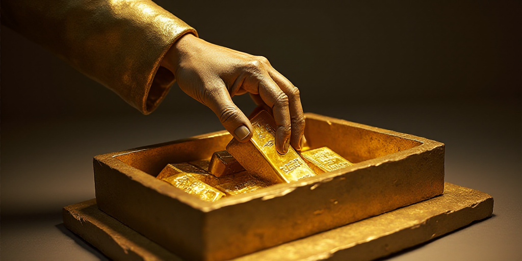a person is putting gold bars into a box on the floor of a building, with a hand reaching for them,