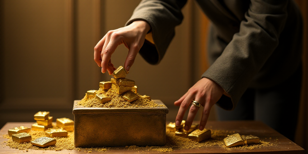 a person is putting gold bars into a box on the floor of a building, with a hand reaching for them,