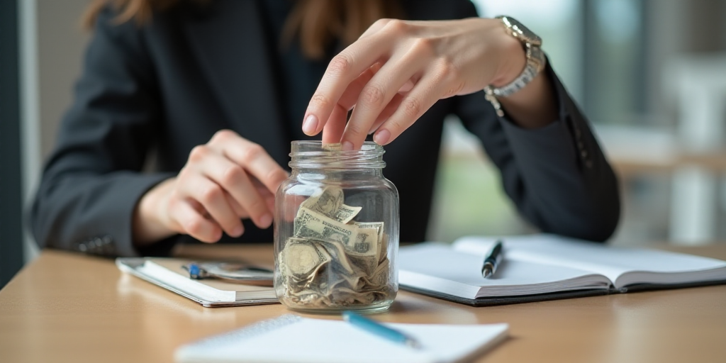 a person is putting money in a jar with a pen and paper on the table next to it is a notebook and a