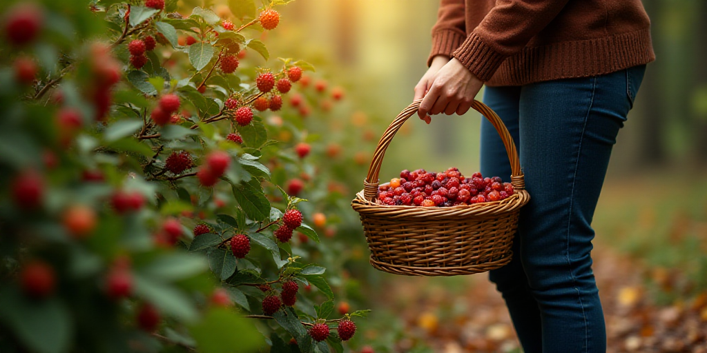 a person picking berries from a bush in a basket on the ground in the forest, with a woman holding a