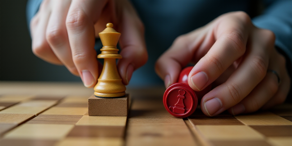a person placing a wooden block with a chess piece on it and a rubber stamp with a chess piece on it