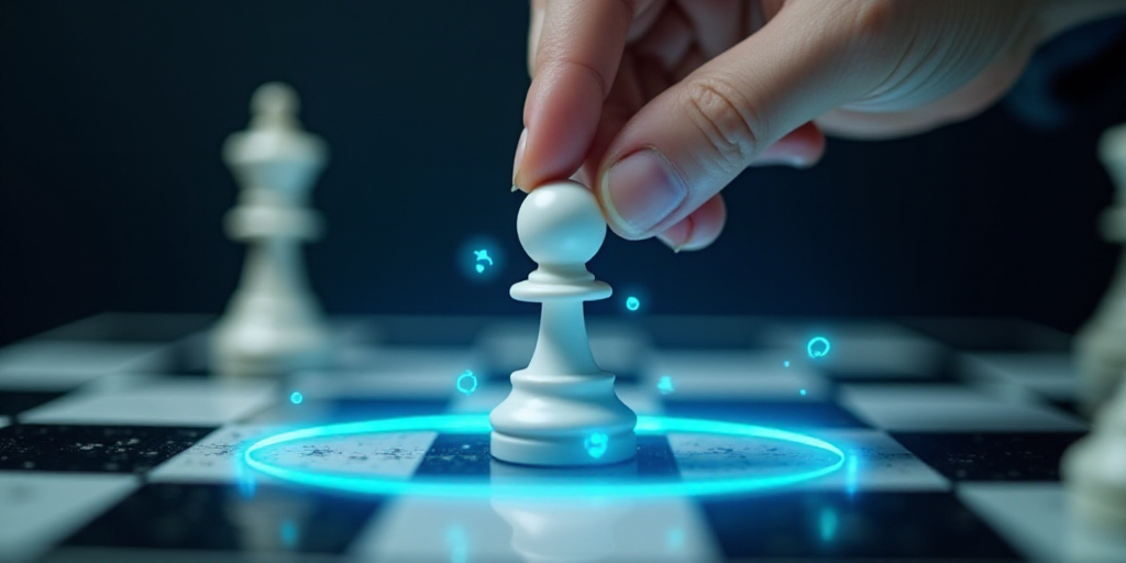 a person playing a game of chess with a white pawn and a blue circle around it with icons on it, Eve