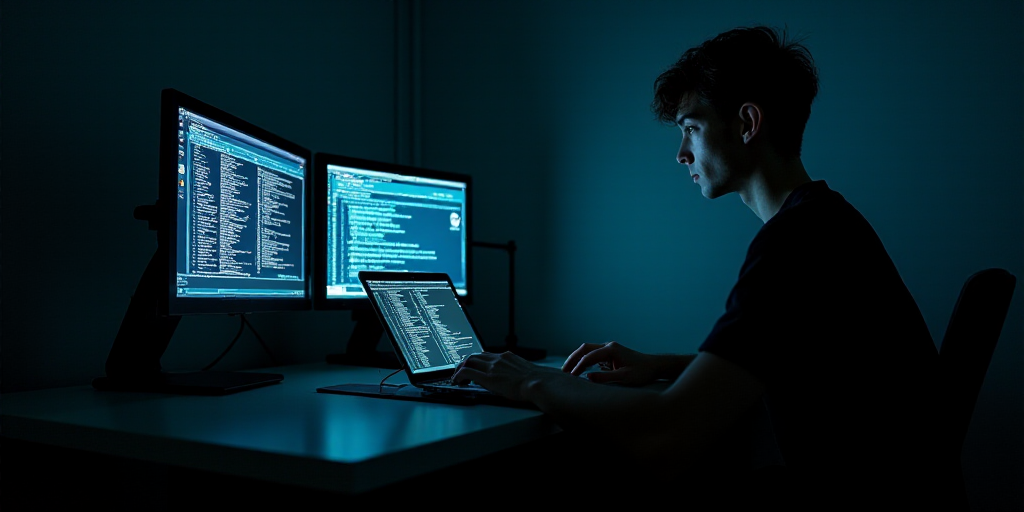 a person sitting at a desk with two monitors and a laptop in front of them, in a dark room, Andries