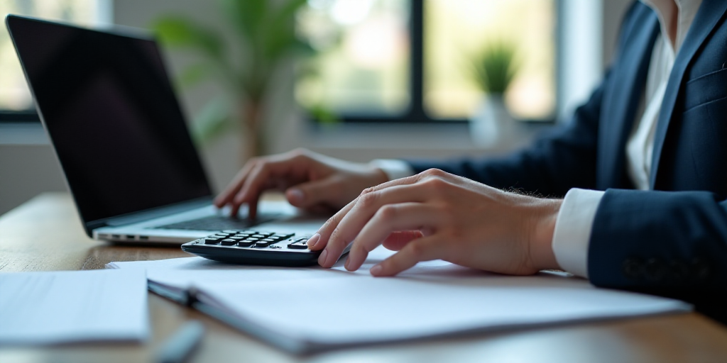 a person sitting at a desk with a calculator and a laptop computer on it, with a calculator and a no