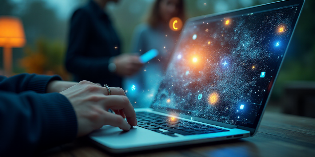 a person typing on a laptop with icons coming out of it's screen and a person holding a phone, Andri