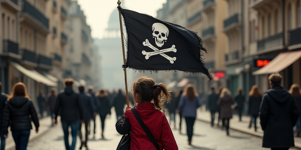 a person with a pirate flag on a street with people walking by on the sidewalk and on the sidewalk,