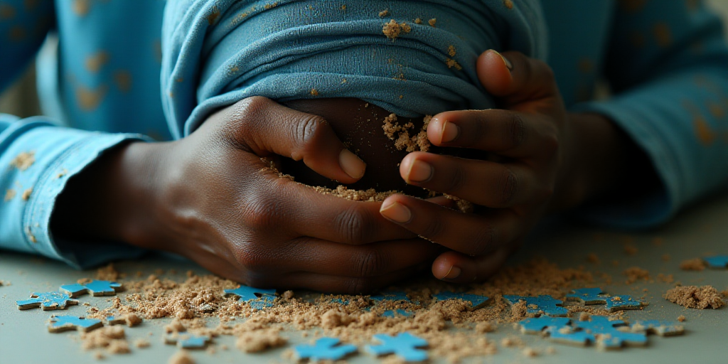a person with dirty hands and a blue cloth on their head and arm, with dirt on the floor, Chinwe Chu