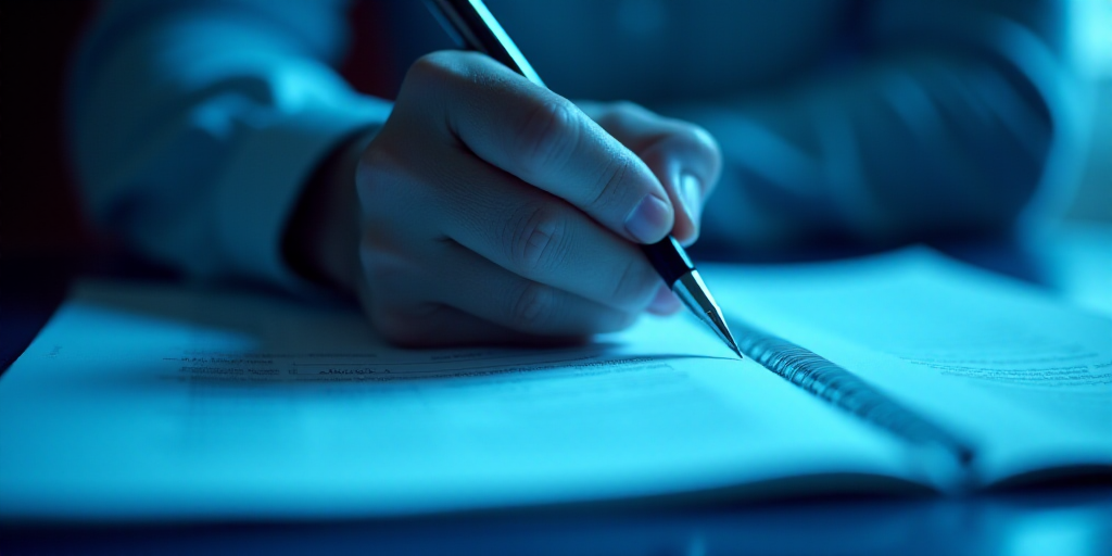 a person writing on a piece of paper with a pen in it and a blue background with a line of light, Ed