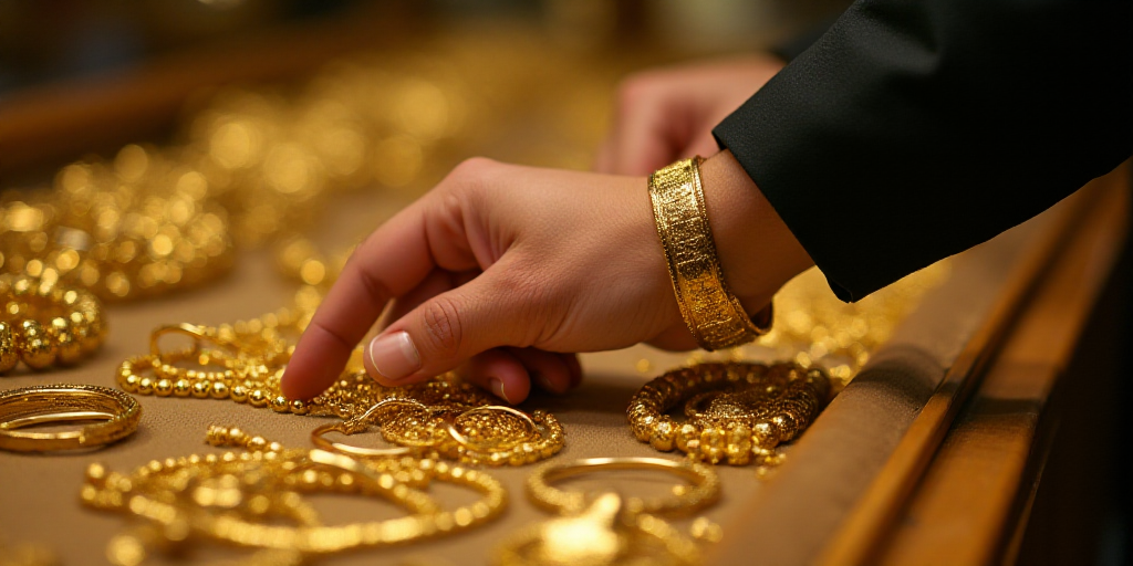 a person's hand on a gold bracelet in a store display case filled with gold jewelry and bracelets, D