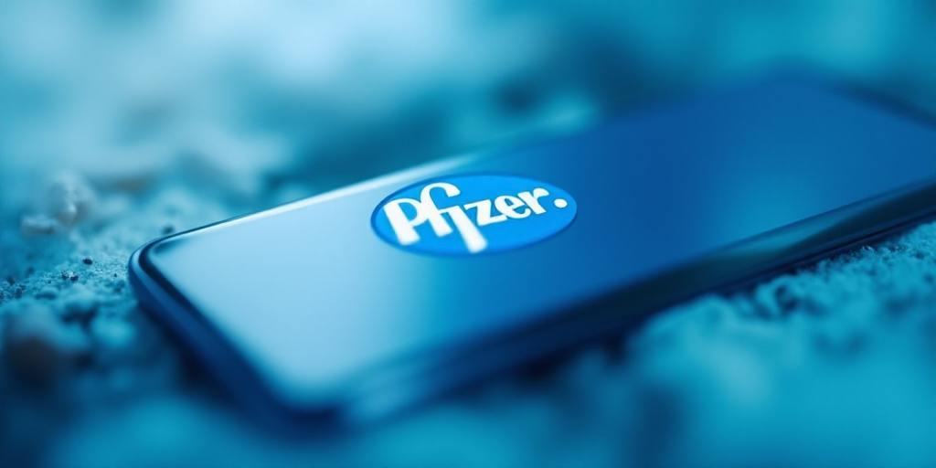 a phone with the logo of pfizer on it is shown in front of a blue and white background, Allaert van