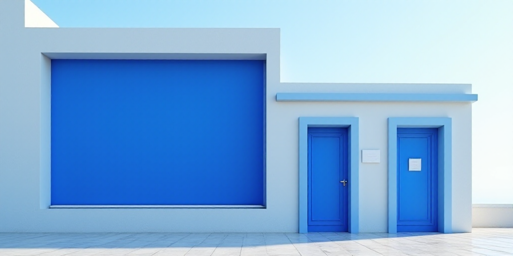 a picture of a building with a blue screen and a blue and white building with a blue door and a blue