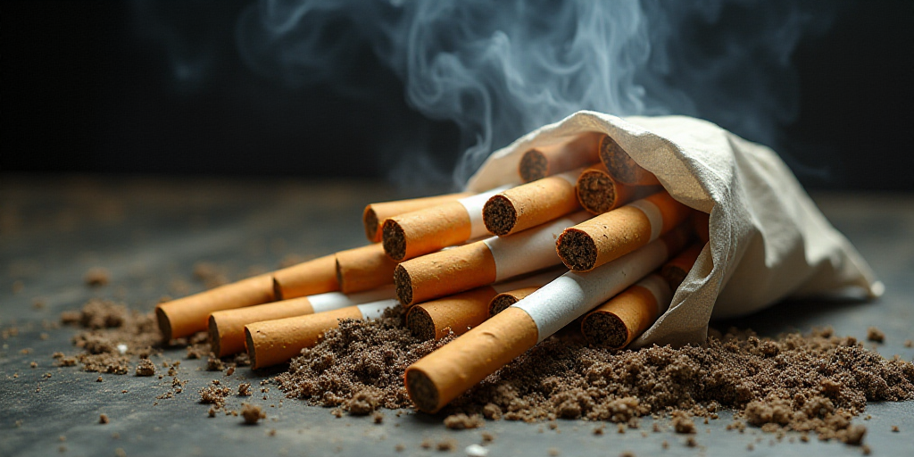 a pile of cigarettes with cigarettes in them and cigarettes in bags on the ground next to them, with