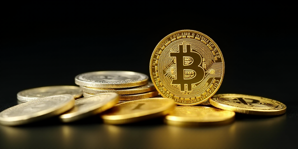 a pile of coins with a gold coin on top of it and a black background with a white and gold coin, Aqu