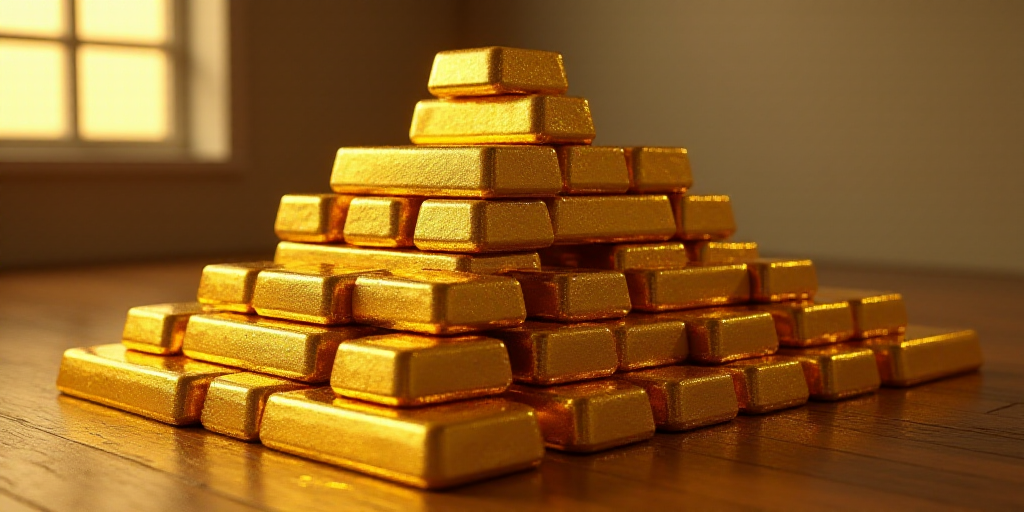 a pile of gold bars stacked on top of each other in a room with a window and a light, Christopher Wi