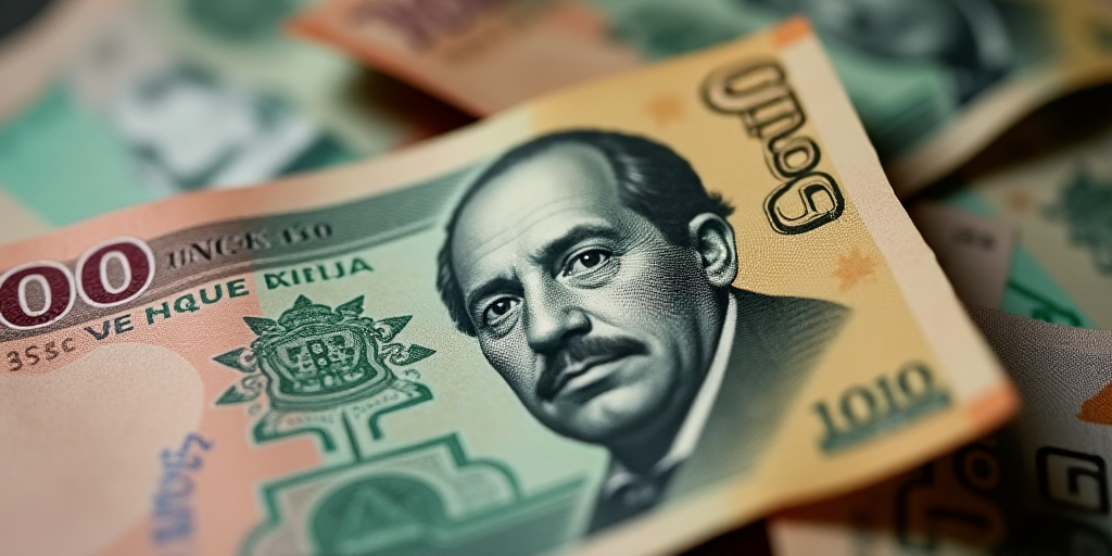 a pile of mexican currency with a lot of money in the background of it, with a man's face on top of