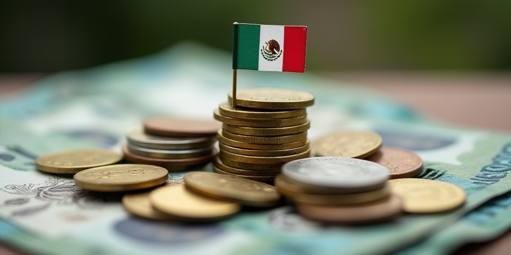 a pile of mexican currency with a flag sticking out of it and a stack of coins on top of it, Aquirax