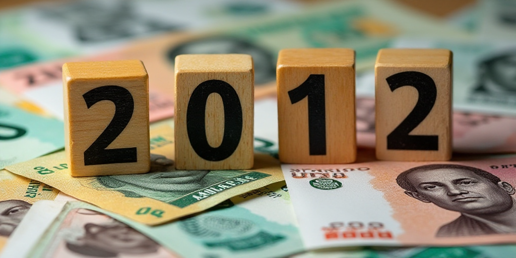 a pile of mexican currency with a wooden block spelling the numbers 2012 and a wooden block with a p