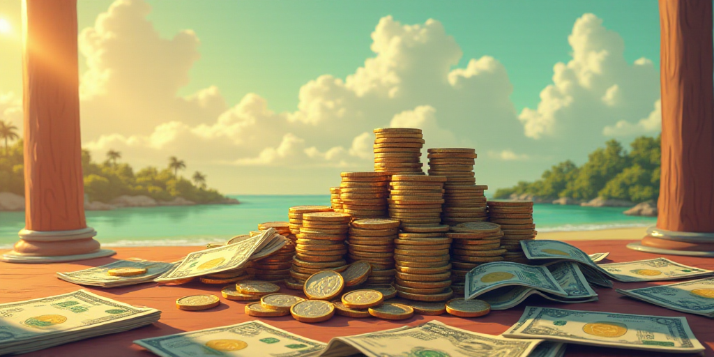 a pile of money sitting on top of a pile of coins on top of a table next to a pile of money, Edi Ram