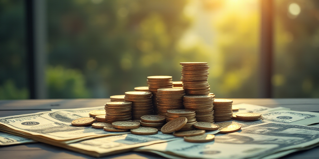 a pile of money sitting on top of a pile of coins on top of a table next to a pile of money, Edi Ram