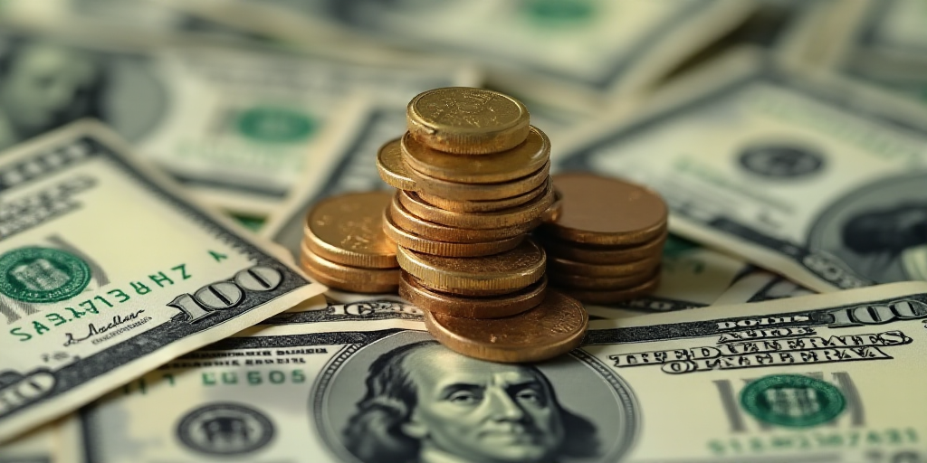 a pile of money with a coin on top of it and a pile of twenty dollar bills in the background, Aquira