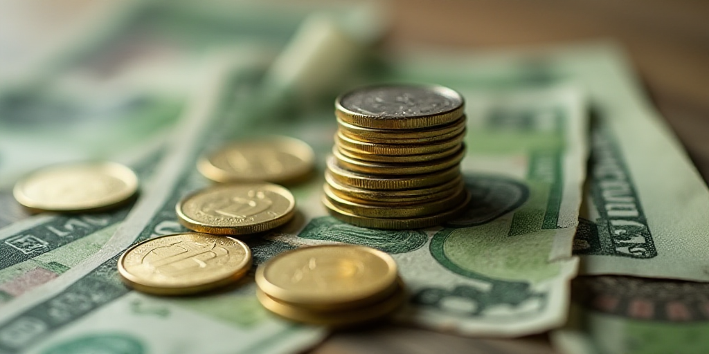 a pile of money with a coin on top of it and a roll of money on the bottom of it, Aquirax Uno, macro