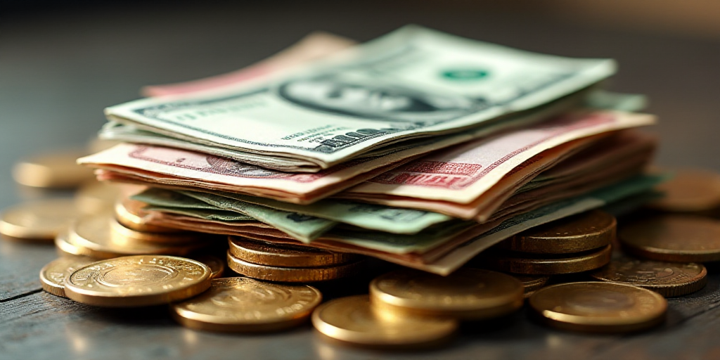 a pile of money with a lot of different currency on top of it and a pile of coins on the bottom, And