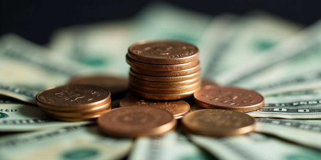 a pile of money with a penny on top of it and a coin on the bottom of the pile, Avgust Černigoj, ma