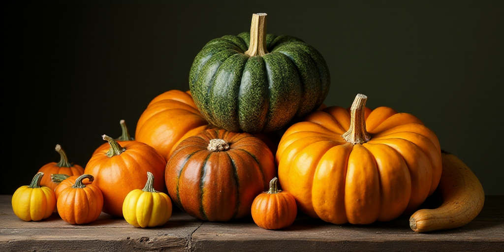 a pile of squash and squashnuts with a green one on top of them and a brown one on the bottom, Boeti