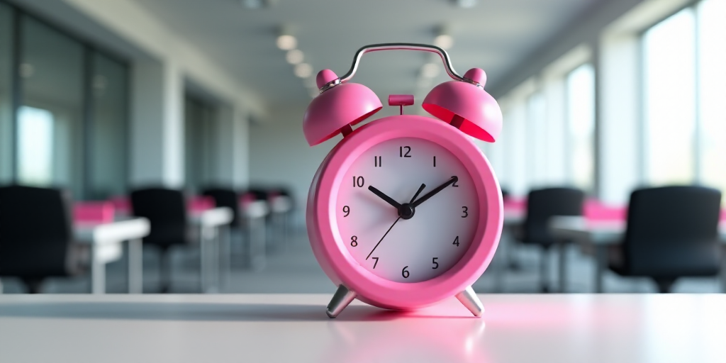 a pink alarm clock sitting on top of a table in an office building with desk chairs and desks, Évar