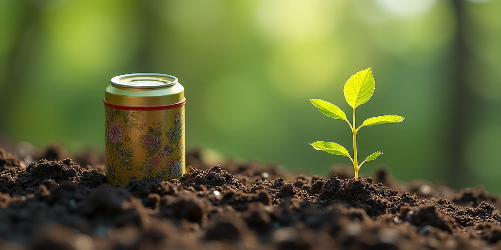 a plant sprouts from the ground next to a tin of tea and a can of tea leaves, Buckminster Fuller, bi