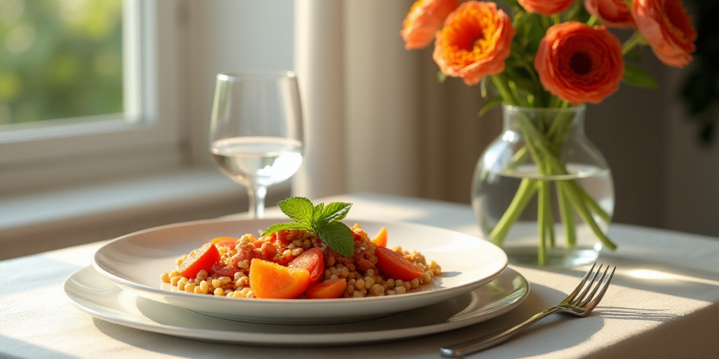 a plate of food with a fork and a glass of water on a table with a vase of flowers, Aquirax Uno, unr